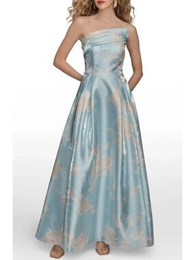 Donna Karen Floral Print Strapless Satin Gown Pastel Blue 12
